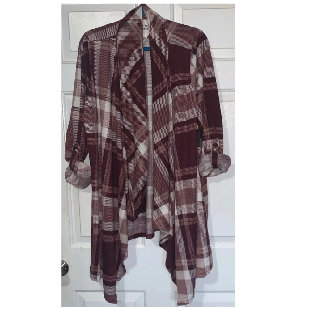 🎄 NEW YORK LAUNDRY Burgundy Plaid Open Front Flyway Draped Jacket NWT 3X